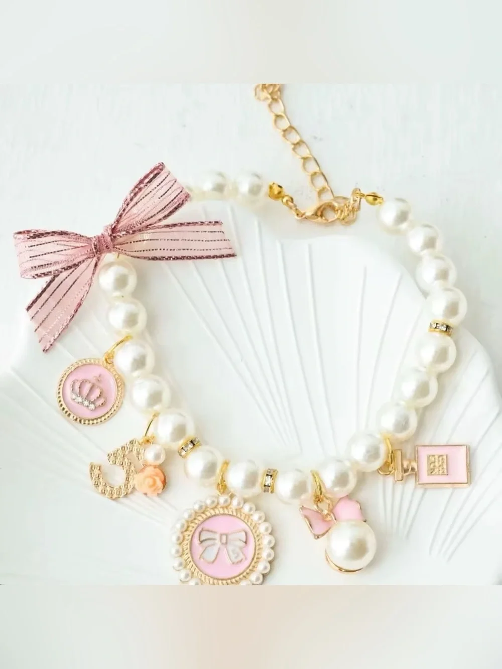 Cute Pearl Dog Cat Collar Necklace Pink and Gold Charms Pet Jewelry Adjustable